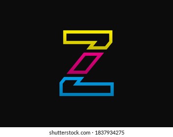 Z letter logo, vector desing font .Dynamic cmyk split blue, pink, yellow color on black background. For social media,design elements, creative poster, web template etc.