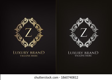 Z Letter Luxury Frame Decoration  Initial Logo, Elegance Gold and Silver Ornate Emblem Decorative Frame for wedding or boutique  Logo identity Design
