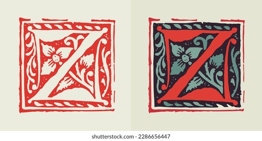 Z letter medieval gothic initial. Blackletter style drop cap logo. Dim colored and monochrome square shaped illuminated calligraphy. Perfect for Middle Ages poster, vintage identity, historical items.