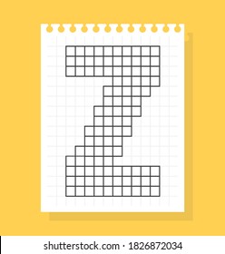 Z letter on notepad sheet of squared paper, made of squares. Vector illustration