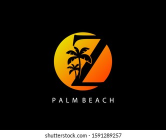 Z Letter Palm Tree and Sun Set Logo Icon. Perfect for surfing shop, sport, Tour and Travel. Initial Z with sunset and palm tree.