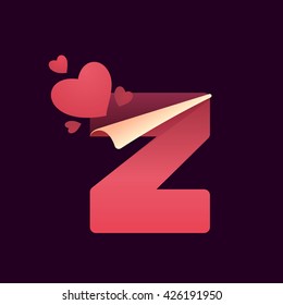 Z letter with paper folded corner and hearts. Vector paper style typeface for st. Valentine's day. Red letter icon for card, app icon, corporate identity, label or poster.