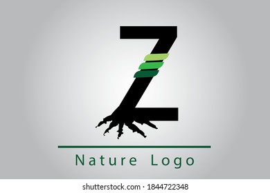 Z Letter with root and leaves. Logo Design with Green Leaves on a Branch. Nature concept symbol. Eco and Organic Letter Vector Illustration.