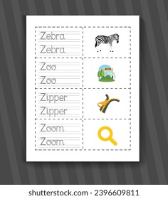 Z Letter Tracing Word For Kids. Alphabet tracing practice preschool worksheet