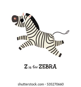 Z letter tracing. Zebra. Cute children zoo alphabet flash card. Funny cartoon animal. Kids abc education. Learning English vocabulary. Vector illustration.