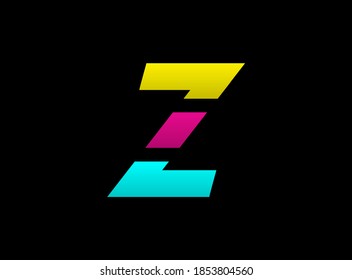 Z letter vector desing, Cmyk color font logo, . Dynamic split blue, pink, yellow color on black background. For social media,design elements, creative poster, web template                       
