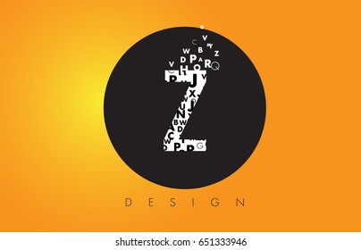 Z Logo Design Made of Small Letters with Black Circle and Yellow Background.