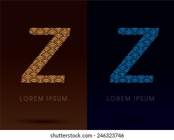 Z ,Luxury font ,designed using gold and blue bold line graphic, concept shape from water, river, sea, ocean, fish scale, logo, symbol, icon, vector.