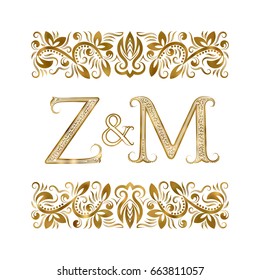 Z and M initials vintage logo. The letters surrounded by ornamental elements. Wedding or business partners monogram in royal style.