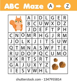 A to Z Maze game for children. Help squirrel go through labyrinth. Fun page for toddlers and kids. Learn English alphabet