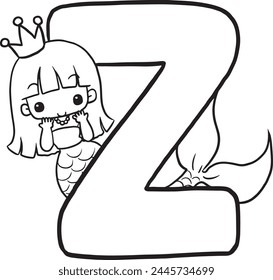 Z mermaid cartoon doodle coloring page