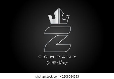 Z metal alphabet letter logo icon design. Silver grey creative crown king template for company and business