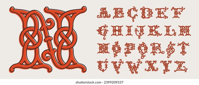 A bis Z Monogramme. Keltisches Alphabet. Insuläre Stilinitialen mit Knoten und miteinander verflochtenen Akkorden. Briten, Iren oder Sachsen überschneiden sich das Monogramm. Mittelalterliche Tätowierung, St. Patrick Day Logo, Sportbekleidung.