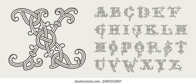 A to Z monograms. Celtic alphabet. Insular style initials with knots and interwoven cords. British, Irish, or Saxons overlapping monogram. Medieval font for tattoo, St. Patrick day logo, sportswear.