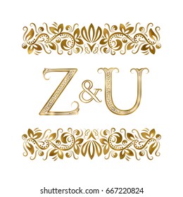 Z and U vintage logo. The letters surrounded by ornamental elements. Wedding or business partners initials.