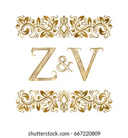 Z and V vintage logo. The letters surrounded by ornamental elements. Wedding or business partners initials.