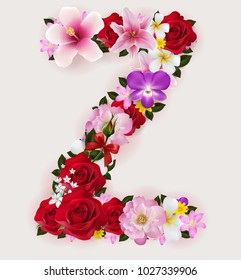 Z, vector font with realistic of beautiful tropical flowers on background color.