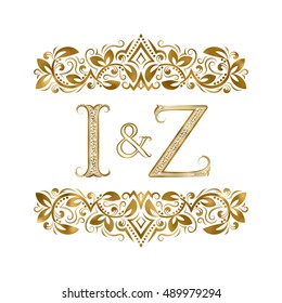 I and Z vintage initials logo symbol. The letters are surrounded by ornamental elements. Wedding or business partners monogram in royal style.