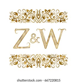 Z and W vintage logo. The letters surrounded by ornamental elements. Wedding or business partners initials.