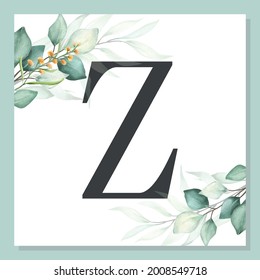 Z - Watercolor delicate alphabet with green leaf.