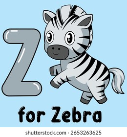 Z is for Zebra: An adorable cartoon zebra stands beside the letter Z, perfect for children's education.