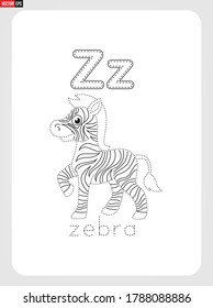 Z for Zebra Alphabet  with illustration for Tracing Worksheet, Exercises for kids 