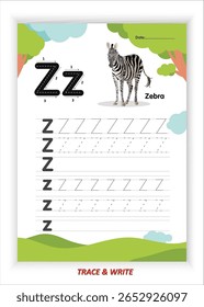 Z for Zebra Alphabet Tracing and Writing Practice for Kids Printable EPS Vector File with Zebra Themed Letter Z Activities Preschool Handwriting Worksheets and Kindergarten Fine Motor Skills