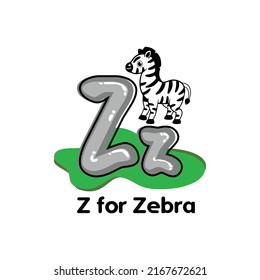 Z for Zebra clipart in vector illustration with lowercase and uppercase. Z letter alphabet typography design using kids' preschool English phonetics with cartoon style.