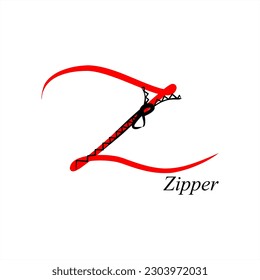 Z - Zipper. ABC with objects. Series of letters A-Z. Images of objects. Minimalism. Beautiful letters. Line drawing. logo design initial Z combine with object.