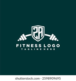 ZA initial monogram for fitnes or gym logo with creative shield and barbell design