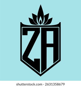 ZA Logo featuring a minimalist design with a crown-like flower symbol on top, bold black elements, and a soft blue background, perfect for branding and modern visual identity.