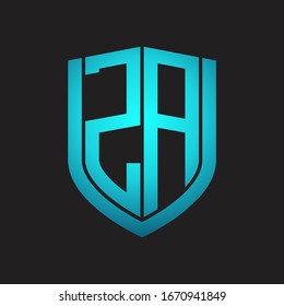 Monograma del logotipo ZA con diseño de escudo de emblemas aislado con colores azules sobre fondo negro