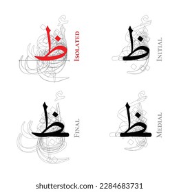 ZA vector Isolated Final Medial Initial Contextual forms Arabic Alphabet Type Character Letter Script Naskh script Baseline Outline Shadow Structure Dot Point Hamzah Form Background Overlap Red White