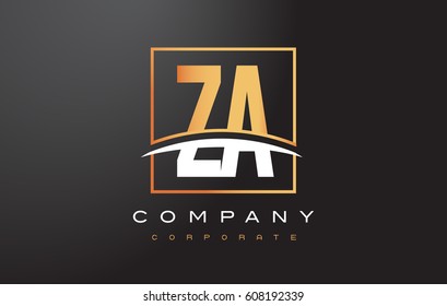 ZA Z A Golden Letter Logo Design with Swoosh and Rectangle Square Box Vector Design.