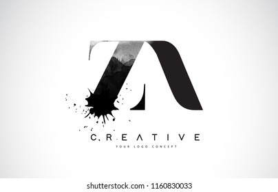 ZA Z A Letter Logo Design with Black Ink Watercolor Splash Spill Vector Illustration.