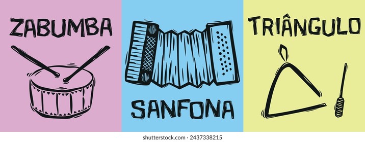 Zabumba, triangle and accordion hand-drawn in the style of Cordel from northeastern Brazil. Vector illustration