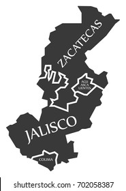 Zacatecas - Aguascalientes - Jalisco - Colima Map Mexico illustration