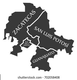 Zacatecas - Aguascalientes - San Luis Potosi - Guanajuato Map Mexico illustration