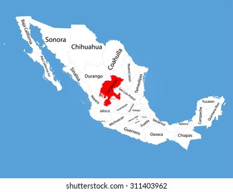 Zacatecas, Mexico, vector map silhouette isolated on Mexico map. Editable blank vector map of Mexico. 