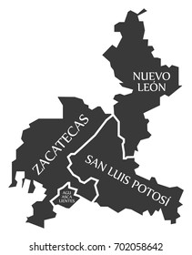 Zacatecas - Nuevo Leon - San Luis Potosi - Aguascalientes Map Mexico illustration