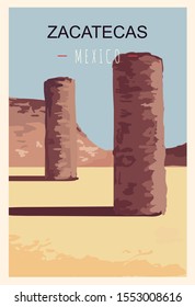 Zacatecas retro poster. Zacatecas travel illustration. States of Mexico greeting card. 