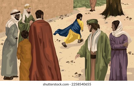 Zacchaeus läuft voraus bis zum Feigenbaum der Sycamore.  Bibelgrafik wie in Luke 19 beschrieben: 4