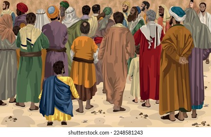 Zacchaeus too short to see over the crowd to see Jesus.  Biblical illustration depicting Luke 19:1-10.