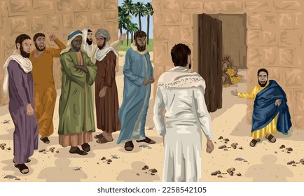 Zacchaeus begrüßt Jesus in sein Haus.  Bibelgrafik mit Luke 19: 5-7