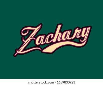 Zachary Name design in an athletic script in an antique white design with burgandy and black outlines and forest green background. Great for personalization, name tags, name badges, tattos, and more!