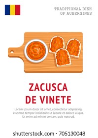 Zacusca de vinete. Traditional dish of aubergines. View from above. Vector flat illustration.