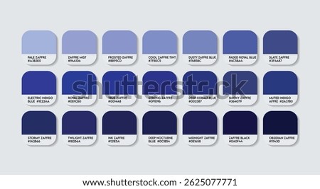 Zaffre Blue Color Swatch Chart with HEX Codes and Names – Elegant Royal Blue Tones for Branding, Fashion Design, Digital Art, and Creative Visual Projects. Zaffre Blue Color Palette Printable Visual