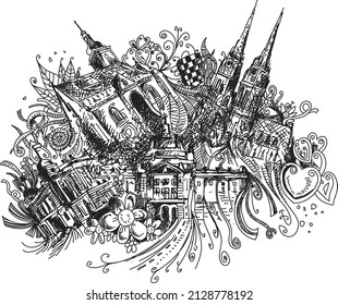 Zagreb capital city of Croatia, hand drawn doodles with main attractions