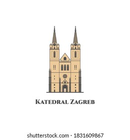 Catedral de Zagreb en Croacia. El edificio sacral más monumental de estilo neogótico al sureste de los Alpes. Lugar emblemático del mundo que debes visitar. Estilo de caricatura de viaje plano. Ilustración del vector