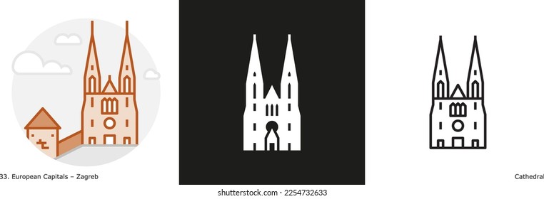 Zagreb Cathedral filled outline and glyph icon. Landmark building from the capital city of Croatia
